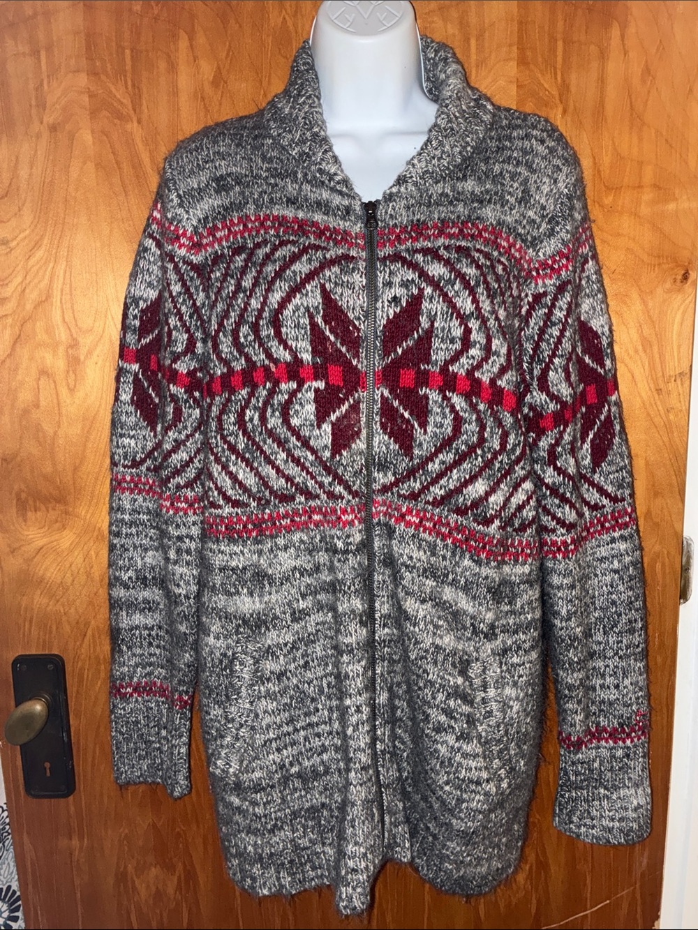 Woolrich Grey & Red Tunic Zippered Cardigan Sweater - Size Medium